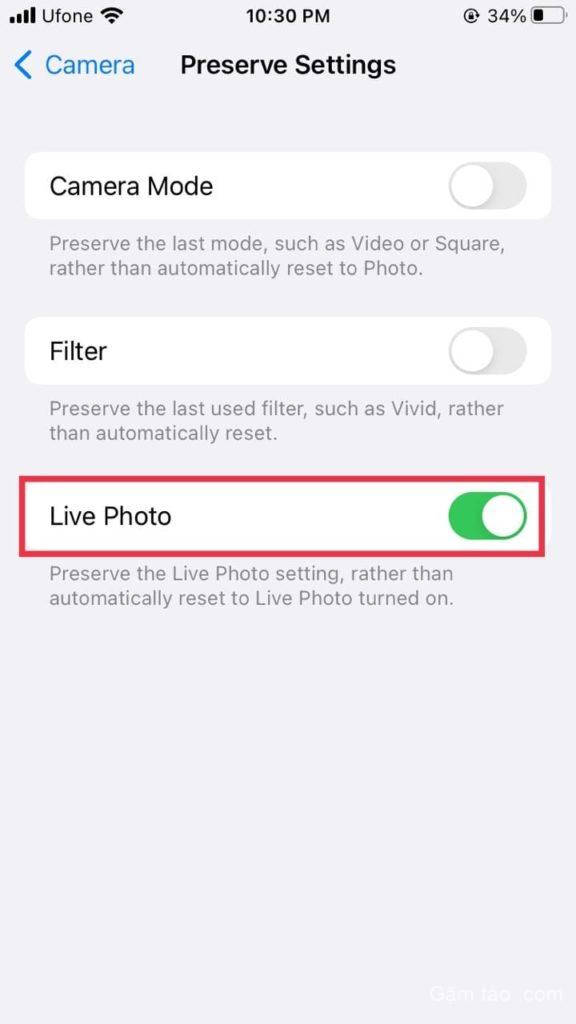 bật Live Photo