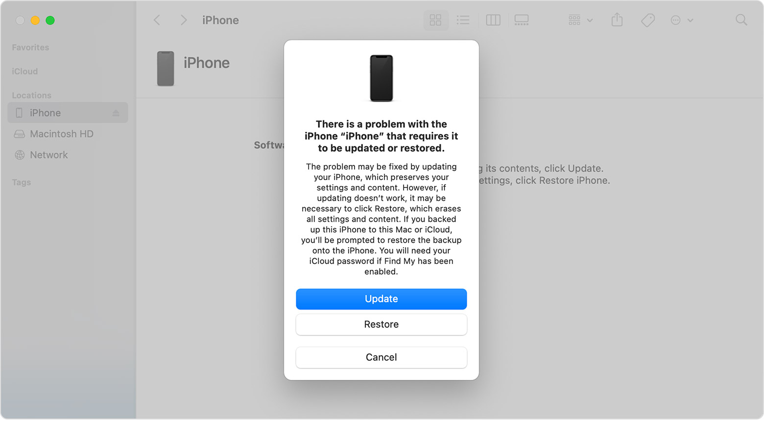 Cửa sổ Finder trên máy Mac đang hiển thị các tùy chọn để khôi phục hoặc cập nhật iPhone của bạn