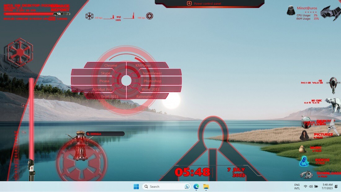 Darth Vader Rainmeter dock trên máy tính để bàn Windows.