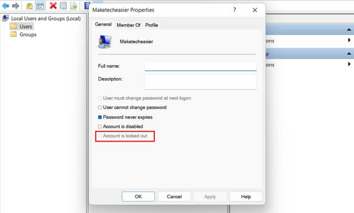 Bỏ chọn "Tài khoản bị khóa" trong thuộc tính người dùng.