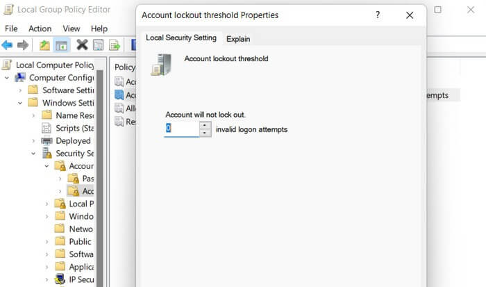 Đặt giá trị thành "0" cho chính sách Ngưỡng khóa tài khoản.