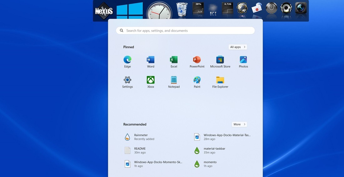 Dock ứng dụng Winstep Nexus mở menu bắt đầu trong Windows 11.