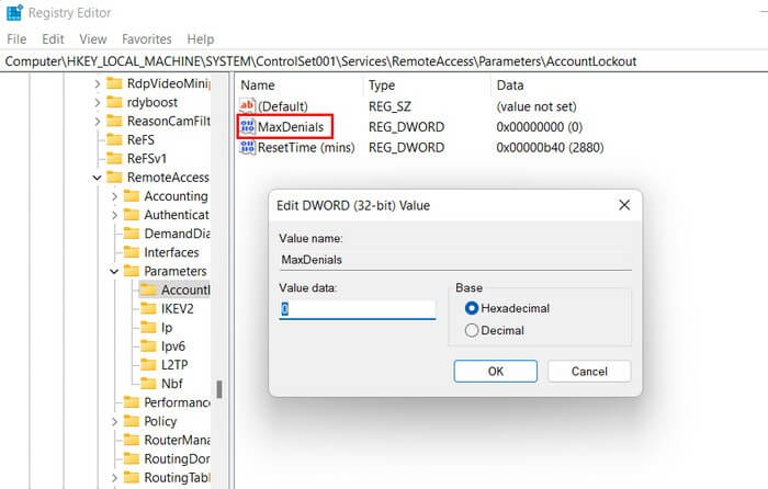 Nhấp đúp vào khóa MaxDenials trong Registry Editor.