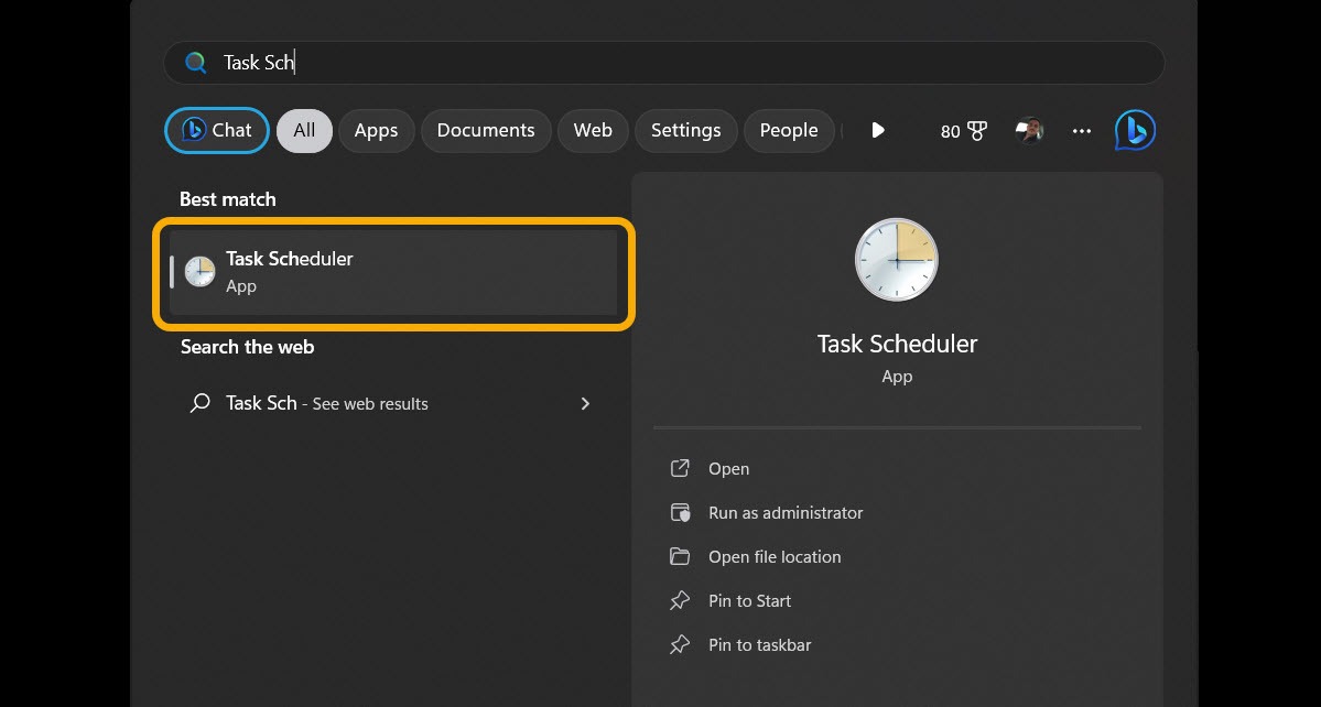 Khởi chạy Trình lập lịch tác vụ từ Windows Search.
