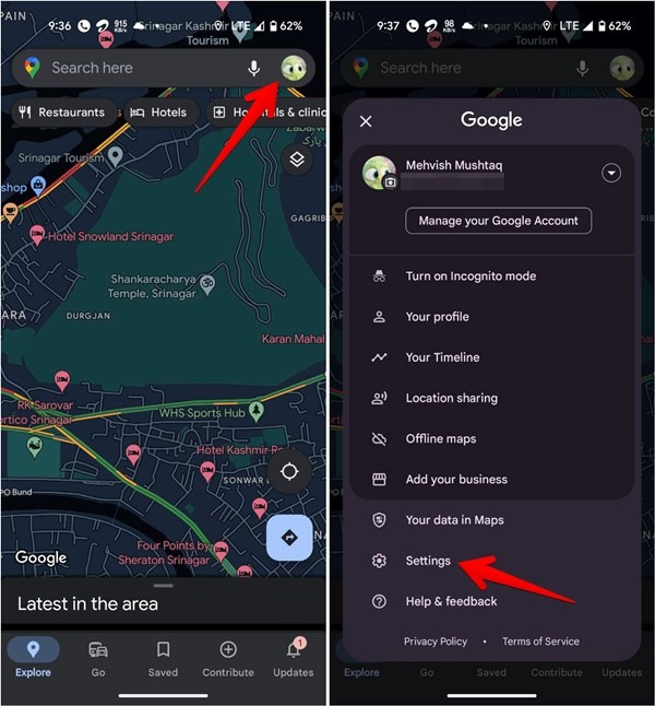 Nhấn vào "Cài đặt" trong ứng dụng Google Maps dành cho Android.