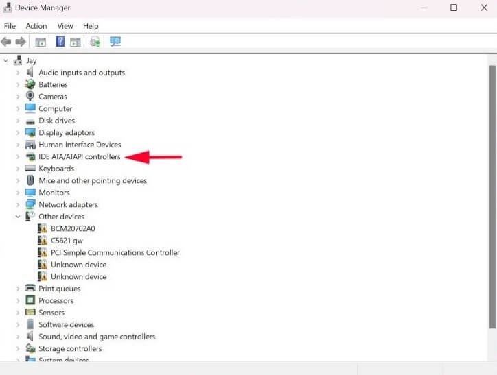 Nhấp vào tùy chọn "IDE ATA/ATAPI controllers" trong Device Manager.