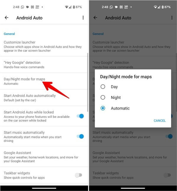 Nhấp vào tùy chọn "Chế độ ngày/đêm cho bản đồ" trong ứng dụng Android Auto.