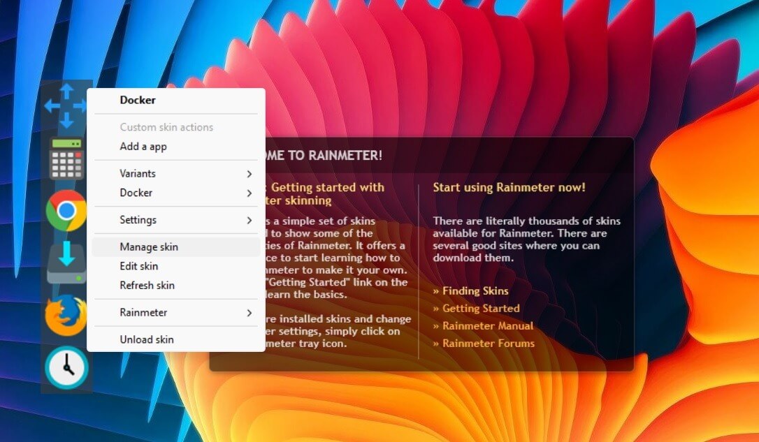 Quản lý giao diện Rainmeter đã tải xuống, Docker, bằng cách nhấp chuột phải vào bên trong không gian.
