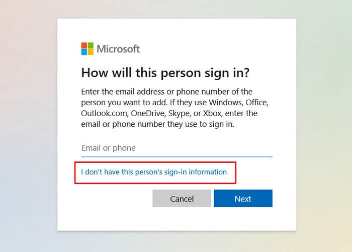 Nhấp vào tùy chọn "Tôi không có thông tin đăng nhập của người này" trong cửa sổ bật lên mới.