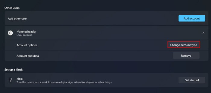 Nhấp vào nút "Thay đổi loại tài khoản" trong "Người dùng khác" trong Cài đặt.