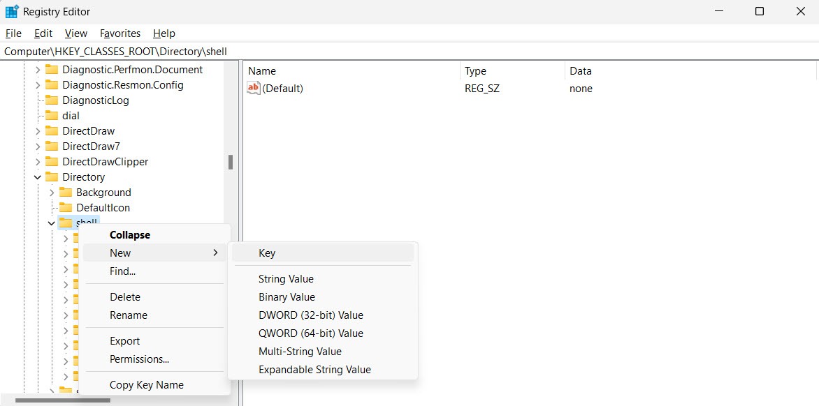 Nhấp chuột phải vào khóa "shell" trong Registry Editor.