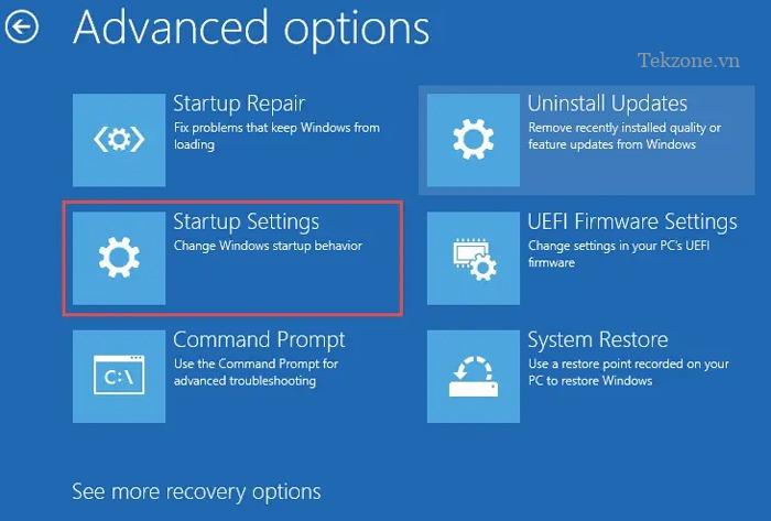 Nhấp vào "Cài đặt khởi động" qua Tùy chọn nâng cao.