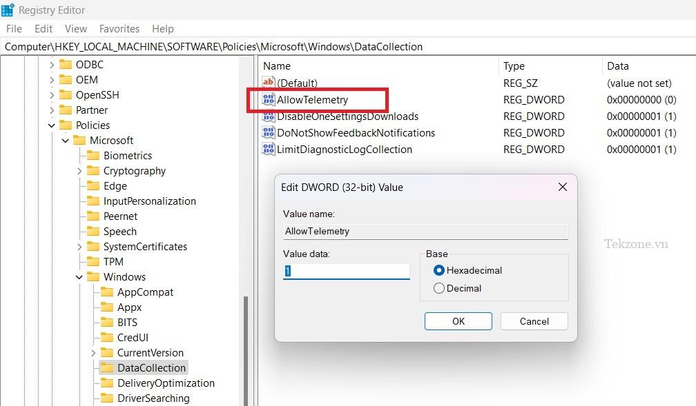 Giá trị AllowTelemetry được đặt thành 1 trong Bộ sưu tập dữ liệu trong Trình chỉnh sửa sổ đăng ký.