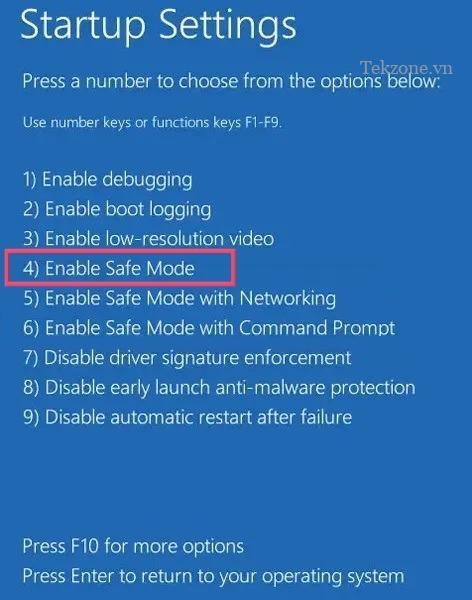 Chọn tùy chọn "Bật Chế độ An toàn" trong Cài đặt Khởi động.