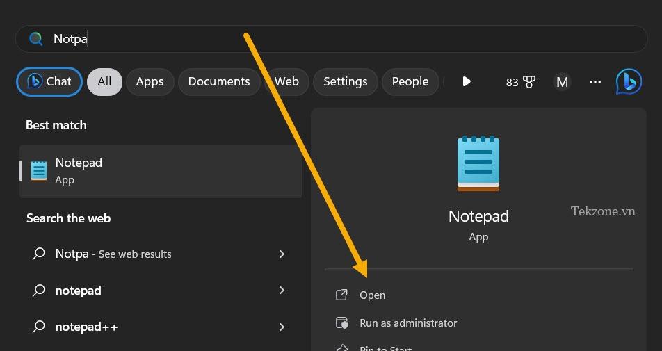 Nhập Notepad trong Windows Search.