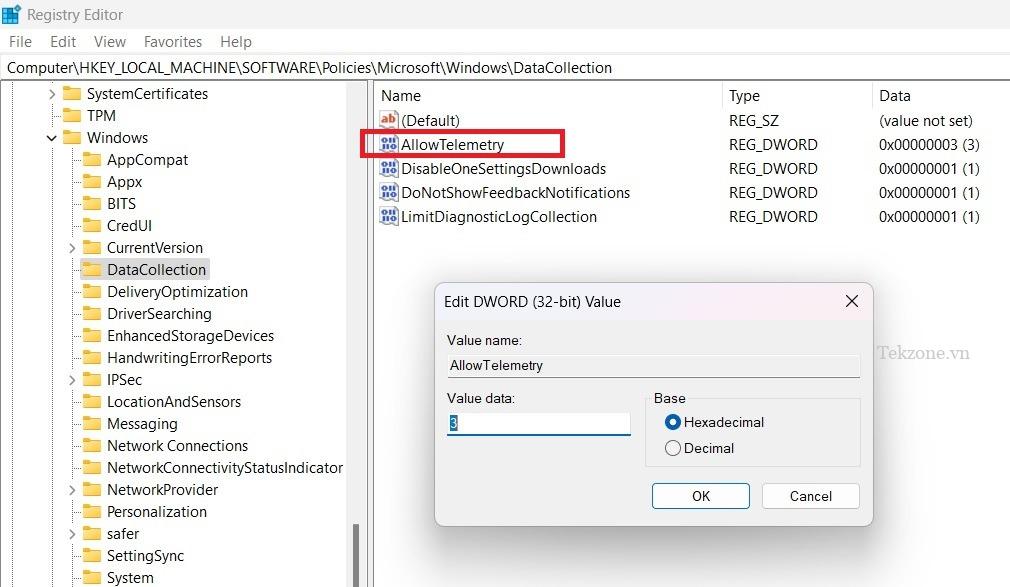 Giá trị AllowTelemetry được đặt thành 3 trong Bộ sưu tập dữ liệu trong Trình chỉnh sửa sổ đăng ký.