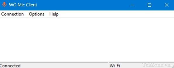 Ứng dụng khách WO Mic được hiển thị là "VConnected" trong quá trình truyền Wi-Fi trên thiết bị Windows.