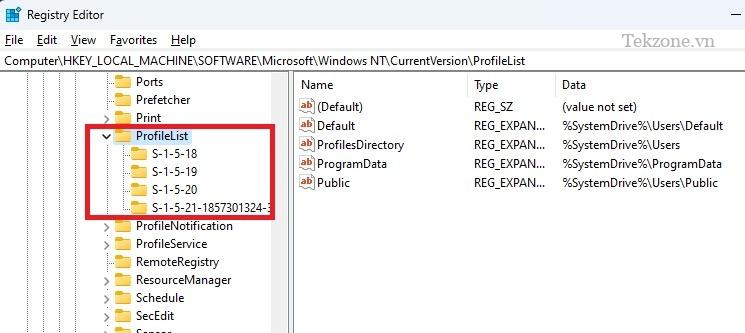 Kiểm tra khóa ProfileList trong Registry Editor.