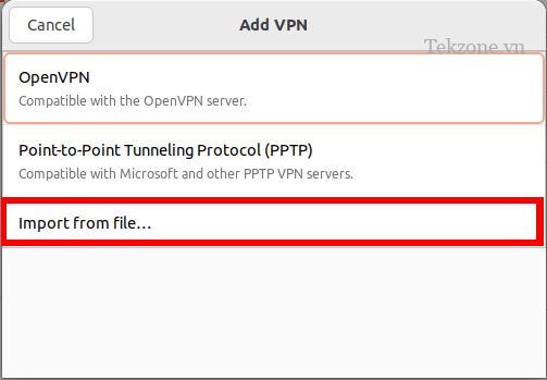 Ảnh chụp màn hình hiển thị quá trình nhập tệp OpenVPN trong Ubuntu.