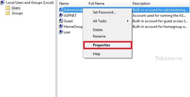 Nhấp chuột phải vào tài khoản Quản trị viên cấp cao để chọn "Thuộc tính" của nó.