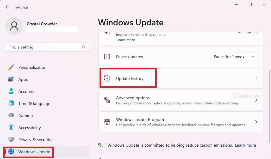 Nhấp vào "Lịch sử cập nhật" trong Windows Update trong Cài đặt.