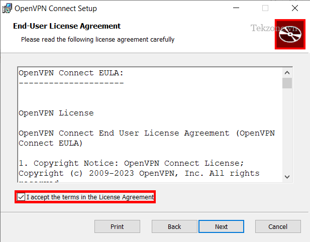 Ảnh chụp màn hình hiển thị Thỏa thuận cấp phép cho ứng dụng khách Windows OpenVPN.