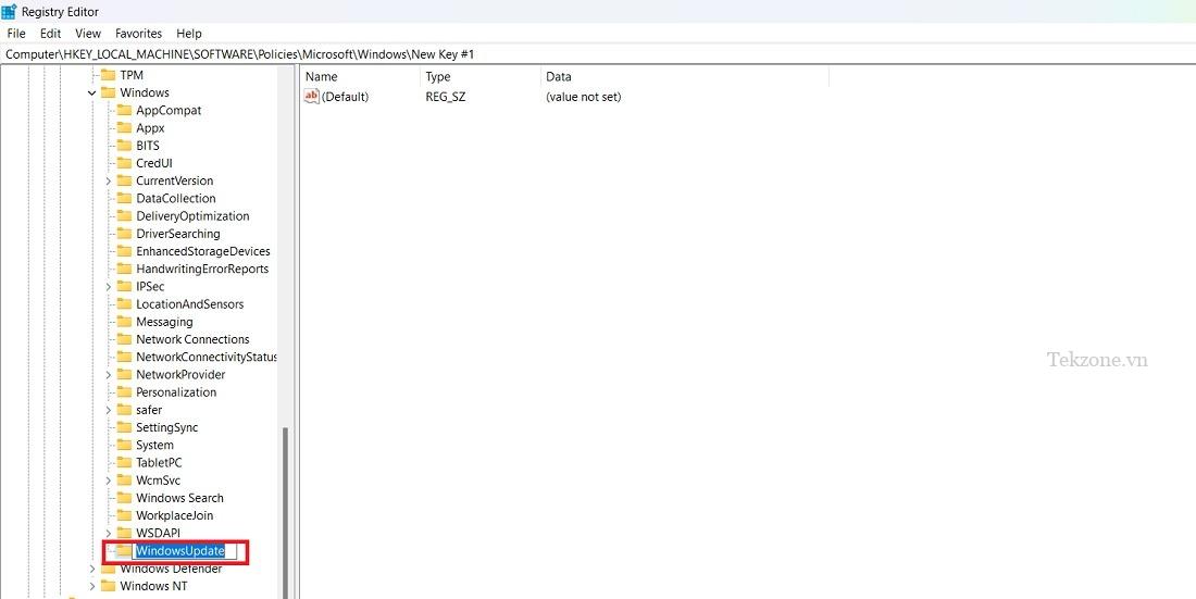 Đã tạo khóa mới có tên "WindowsUpdate" trong Registry Editor bên dưới Chính sách > Windows.