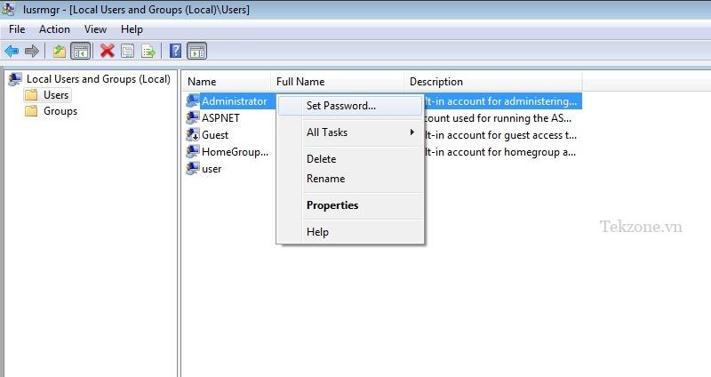 Nhấp chuột phải vào tài khoản Super Administrator để đặt mật khẩu bên trong Lusmgr.
