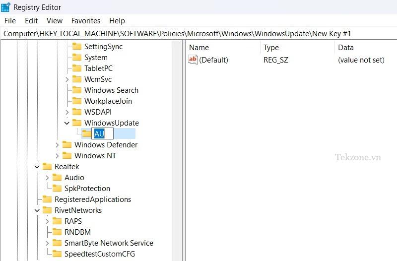 Khóa "AU" mới được tạo trong "WindowsUpdate" trong Registry Editor.