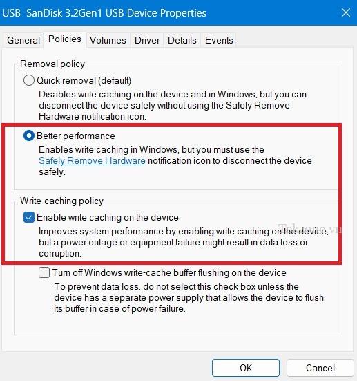 Kích hoạt hiệu suất và bộ nhớ đệm tốt hơn theo chính sách của ổ USB.