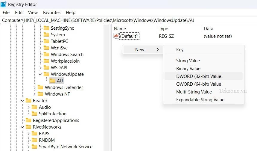 Tạo giá trị DWORD mới cho 32-bit bằng cách nhấp chuột phải vào phím AU.
