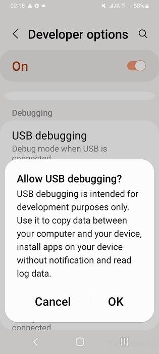 Đã bật gỡ lỗi USB trên điện thoại Android.