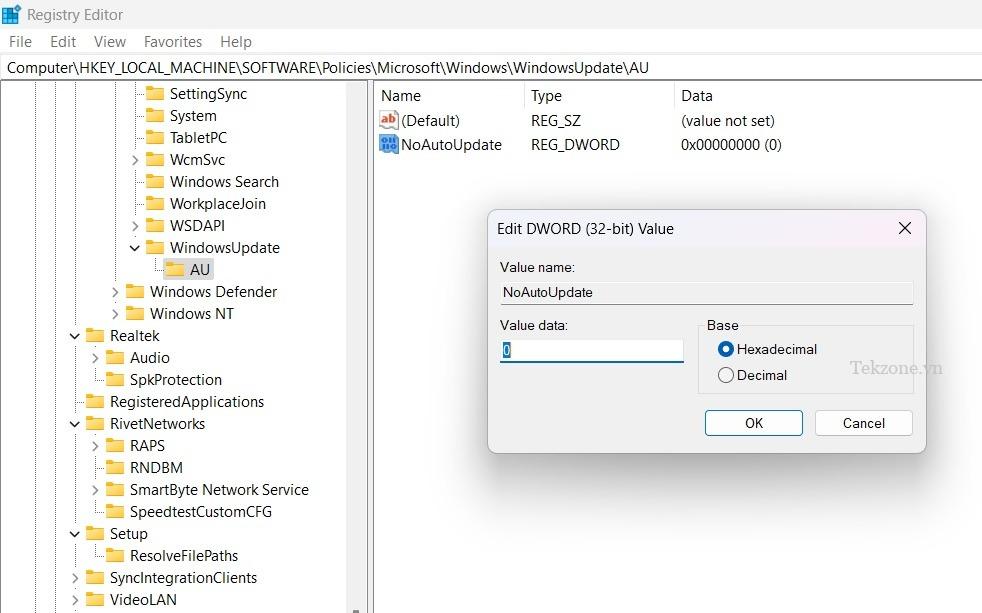 Dữ liệu giá trị được mặc định là 0 cho DWORD mới (32 bit) trong khóa "AU" có tên là "NoAutoUpdate".