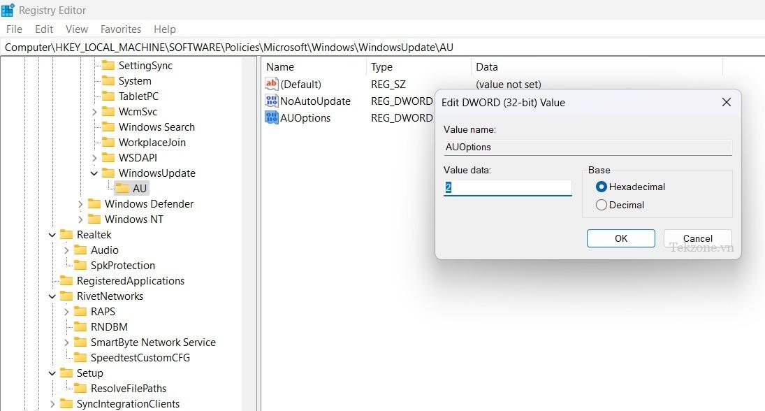 Dữ liệu giá trị AUOptions được đặt thành "2" trong Windows Update trong Registry Editor.
