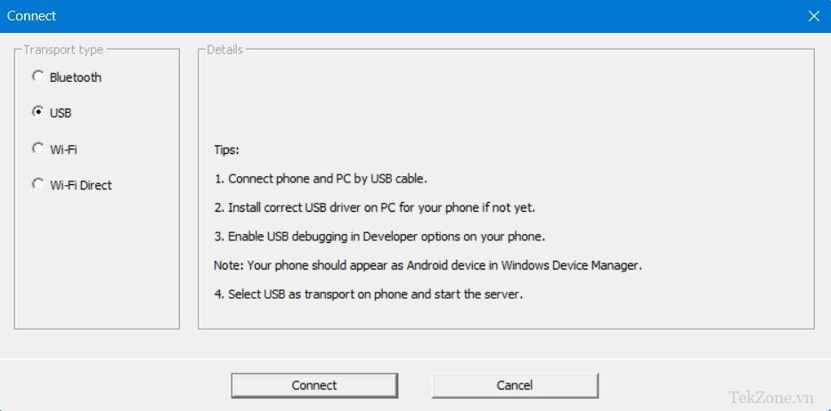 Chọn USB làm loại truyền tải trong WO Mic Client trên thiết bị Windows.