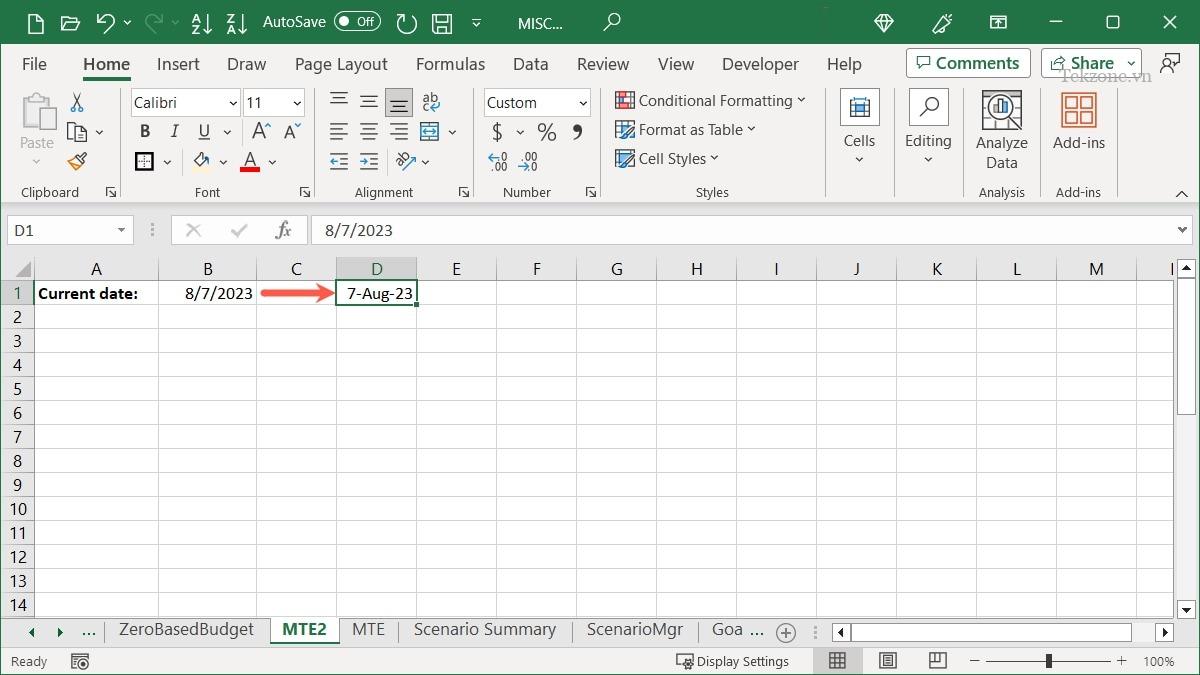 Ngày hiện tại được định dạng trong Excel