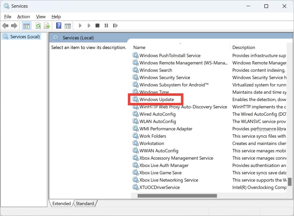 Xem Dịch vụ cập nhật Windows trong ứng dụng Dịch vụ.