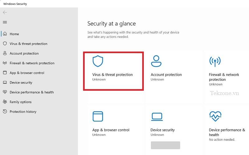 Nhấp vào "Vi-rút & xử lý bảo vệ" trong Bảo mật trong nháy mắt trong ứng dụng Bảo mật Windows.