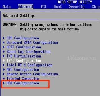 Mở cấu hình USB trong BIOS