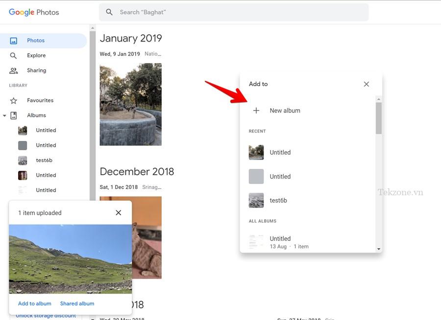 Google Photos Tải lên máy tính Thêm vào album mới