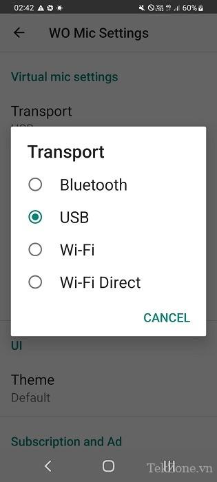Chọn USB làm chế độ truyền tải trong ứng dụng Android của WO Mic.