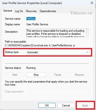 Đang đặt "Loại khởi động" thành "Tự động" trong thuộc tính "Dịch vụ User Profile".
