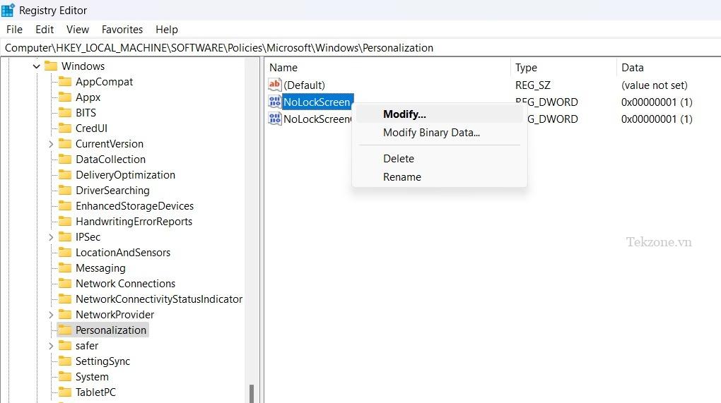 Nhấp chuột phải để sửa đổi giá trị DWORD (32-bit) cho "NoLockScreen" trong Registry Editor trong "Cá nhân hóa".