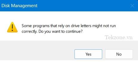 Cảnh báo trong Quản lý đĩa khi thay đổi ký tự USB.