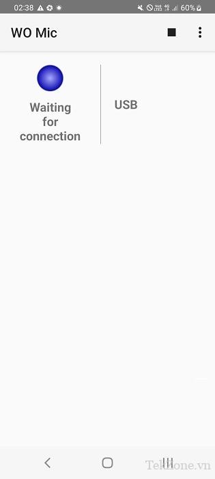 Ứng dụng WO Mic Android hiển thị "đang chờ xác nhận" trong khi kết nối ở chế độ truyền tải USB.