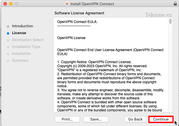 Ảnh chụp màn hình hiển thị lời nhắc Thỏa thuận cấp phép cho ứng dụng khách OpenVPN.