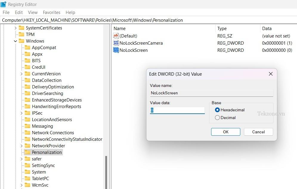 Dữ liệu giá trị NoLockScreen được đặt thành 0 trong Windows Registry Editor trong phần Cá nhân hóa.