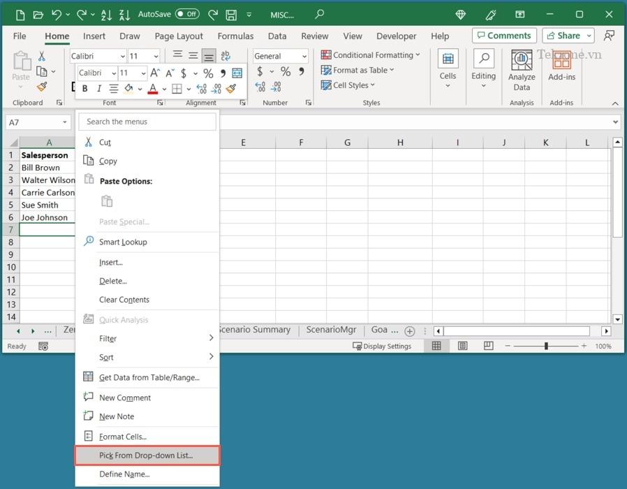 Chọn từ danh sách thả xuống trong menu lối tắt Excel