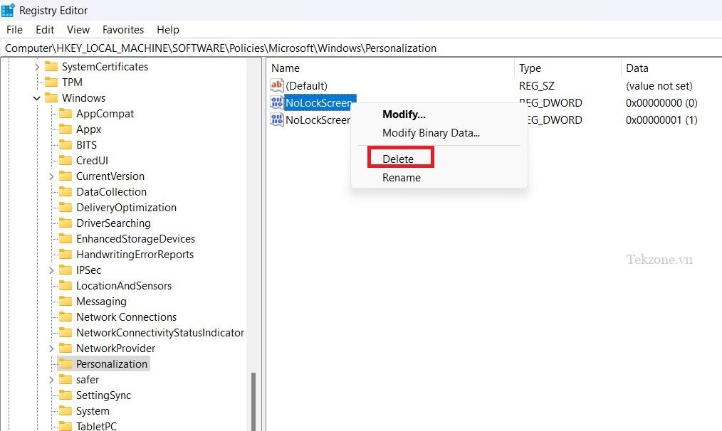 Nhấp chuột phải để xóa mục nhập DWORD cho NoLockScreen trong Registry Editor.