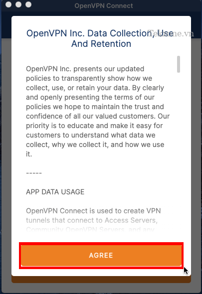 Ảnh chụp màn hình hiển thị chính sách Thu thập dữ liệu của Máy khách OpenVPN.